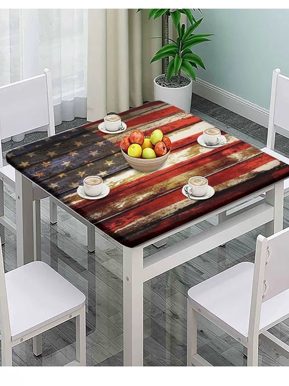 American Flag Wood Print Dining Table Cover - Rustic Red, White & Blue